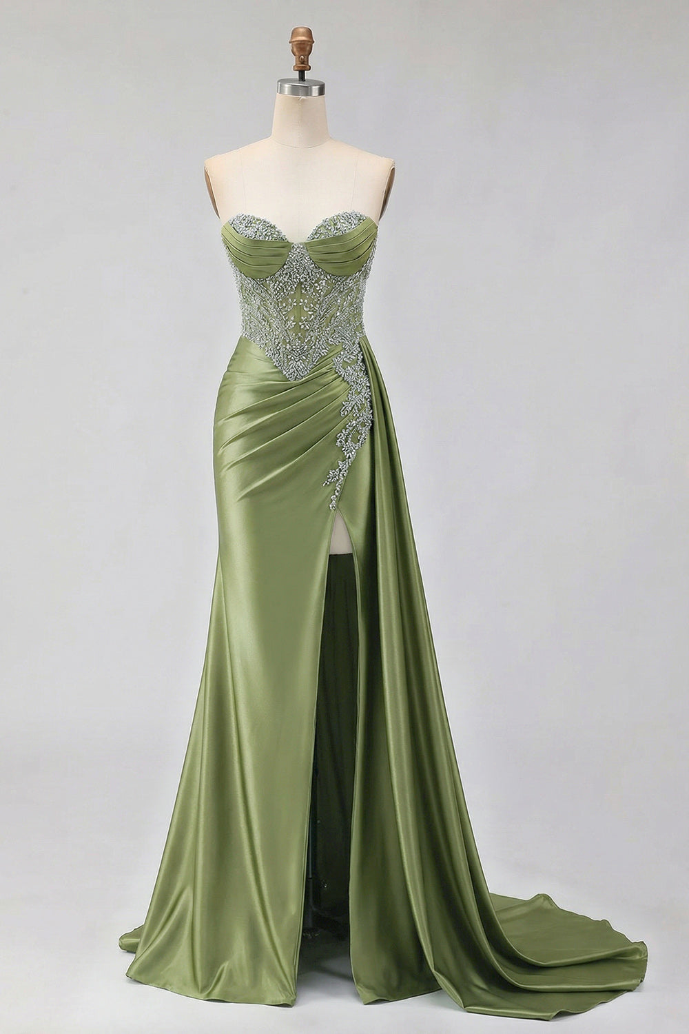 Sweetheart Mermaid Mint Green Beaded Satin Prom Dress With Slit