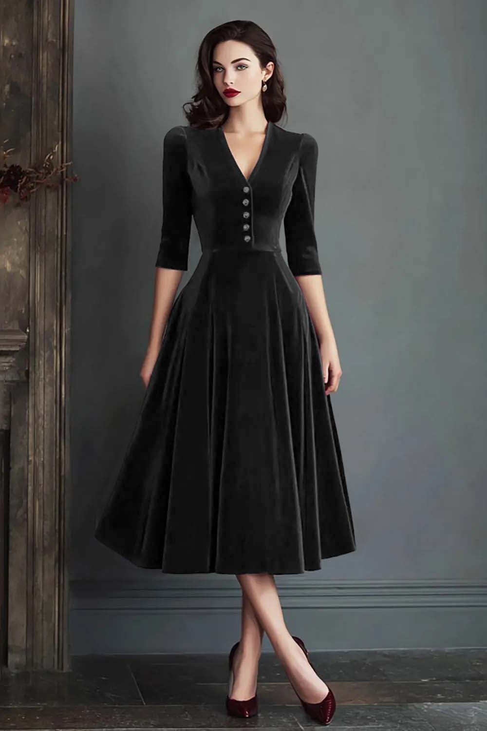 Burgundy A-Line V-Neck Midi Velvet Dress with Half Sleeves