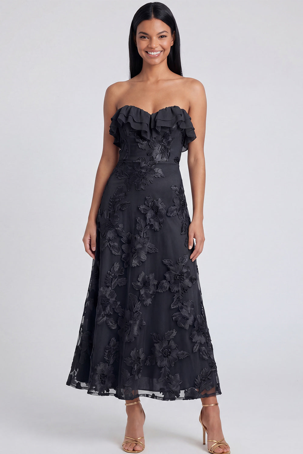 Strapless Ruffled A Line Floral Appliqued Yellow Wedding Guest Dress