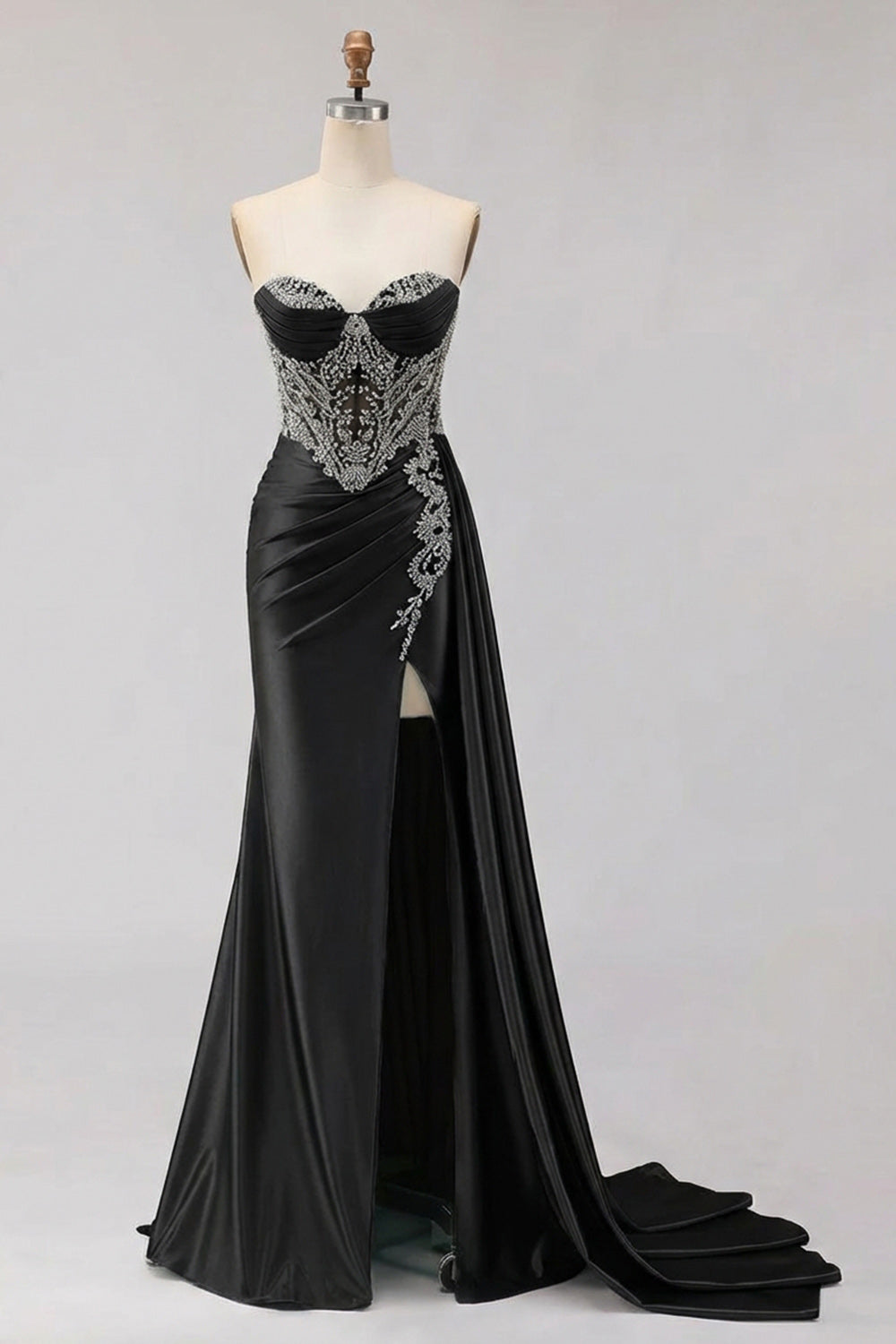 Sweetheart Mermaid Mint Green Beaded Satin Prom Dress With Slit