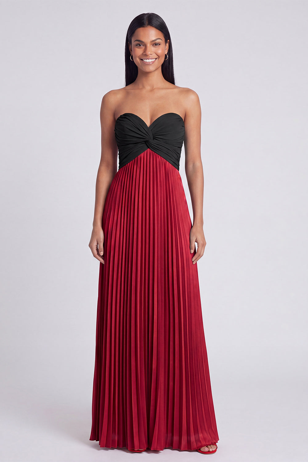 Strapless Pink and Orange ColorBlock Pleated A Line Formal Dress
