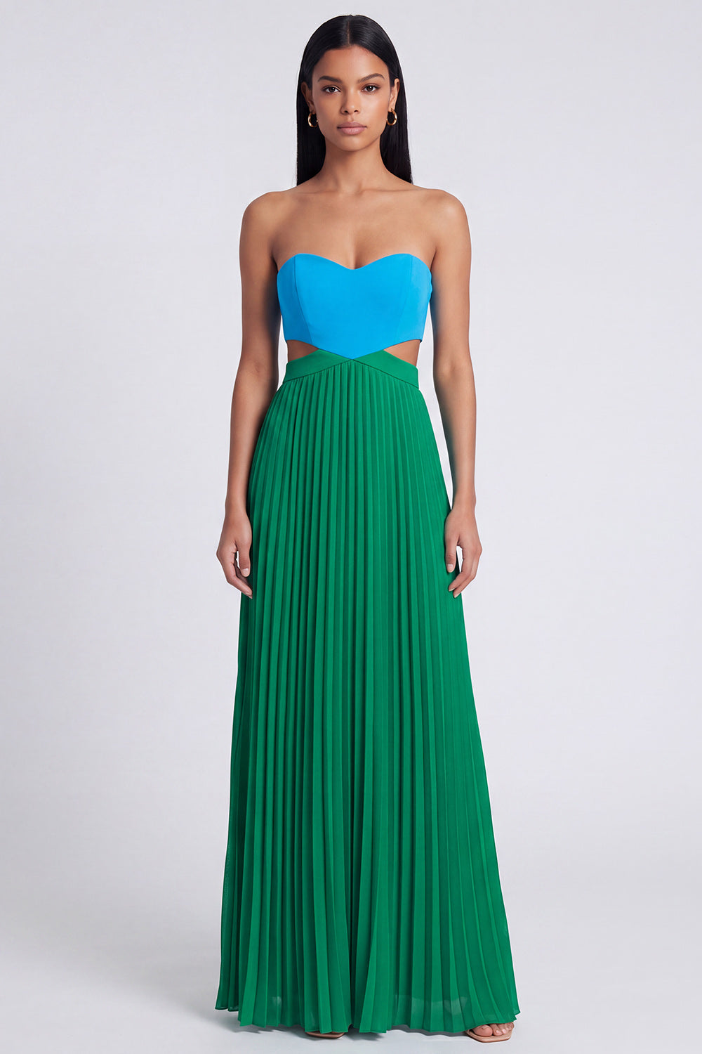 Strapless ColorBlock Pleated Pink and Orange A Line Formal Dress