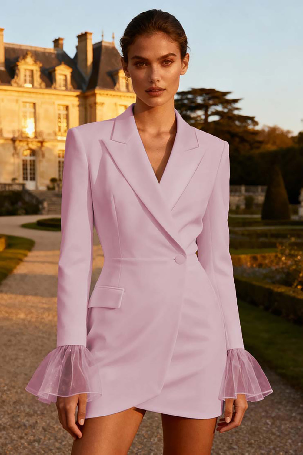 White Peak Lapel Work Dress with Long Sleeves