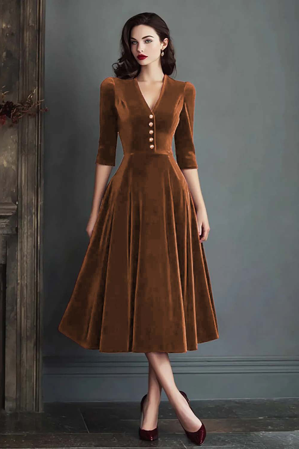 Burgundy A-Line V-Neck Midi Velvet Dress with Half Sleeves