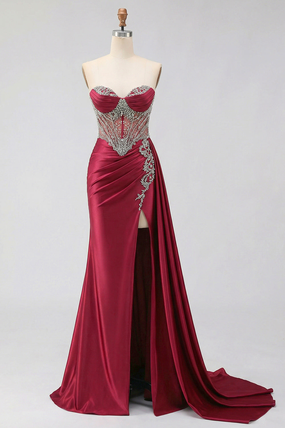 Sweetheart Mermaid Mint Green Beaded Satin Prom Dress With Slit