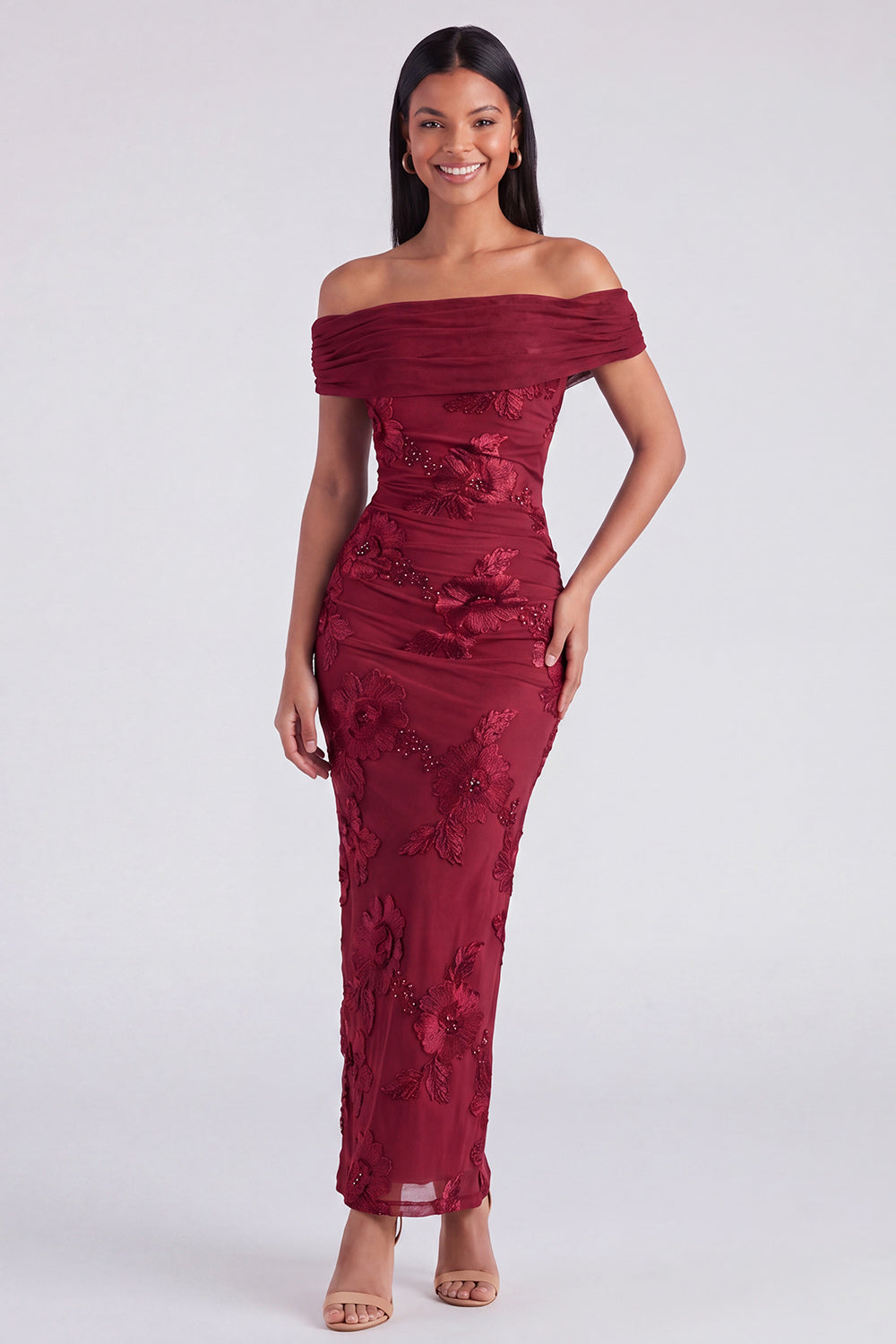 Blue Off the Shoulder Appliqued Bodycon Wedding Guest Dress