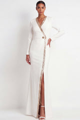 Beige Long Sleeve Sequin Mermaid Formal Dress with Slit