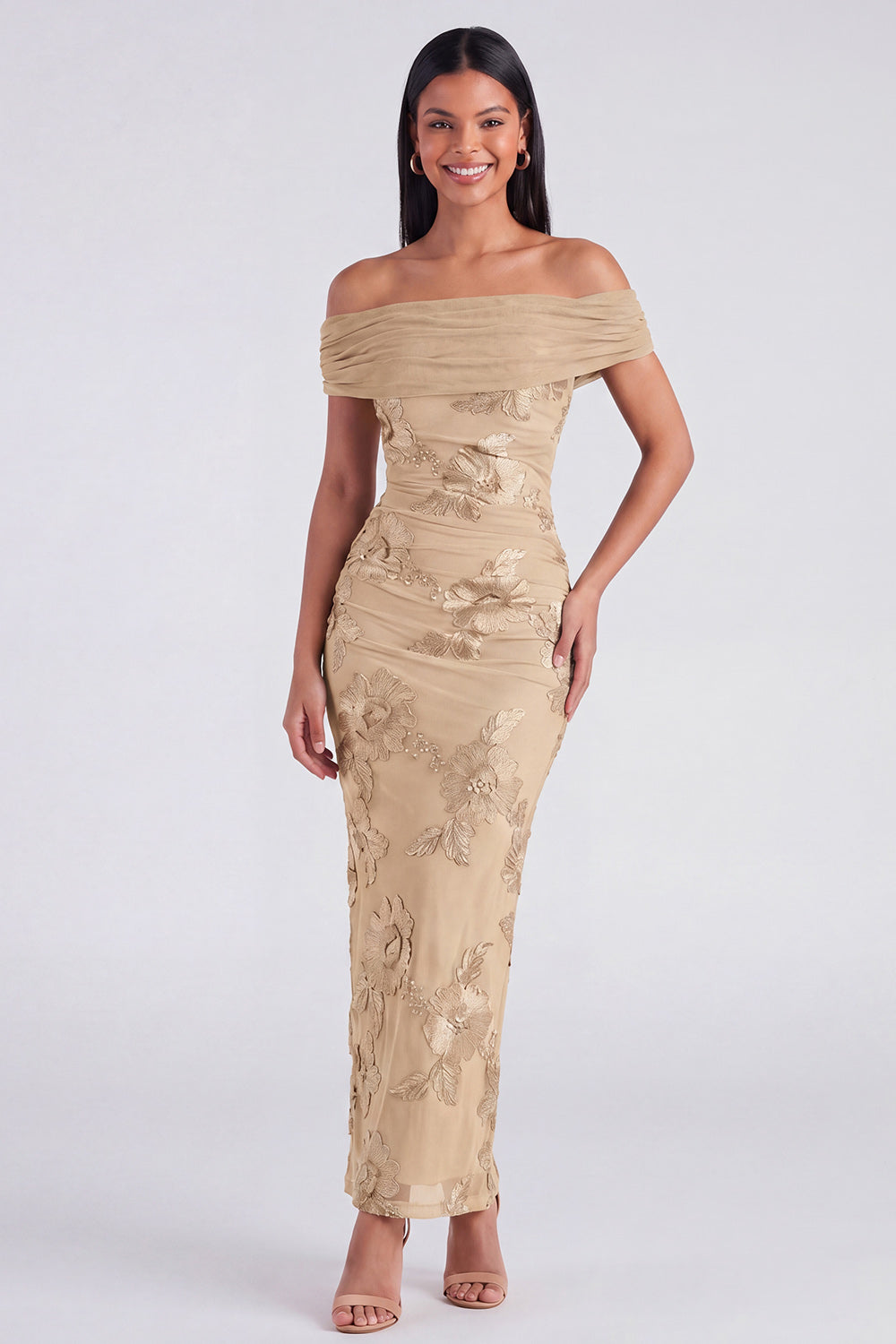 Blue Off the Shoulder Appliqued Bodycon Wedding Guest Dress