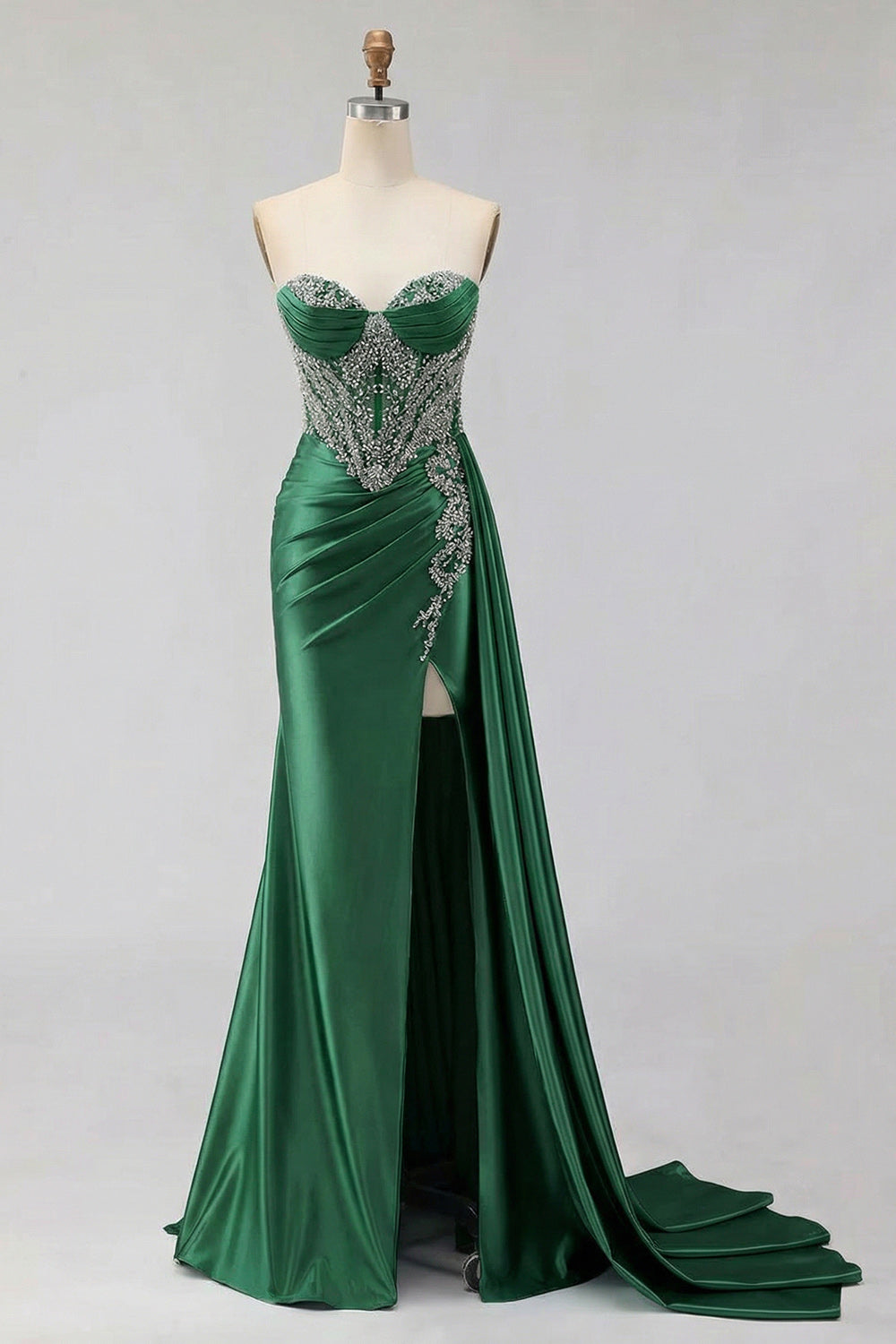 Sweetheart Mermaid Mint Green Beaded Satin Prom Dress With Slit