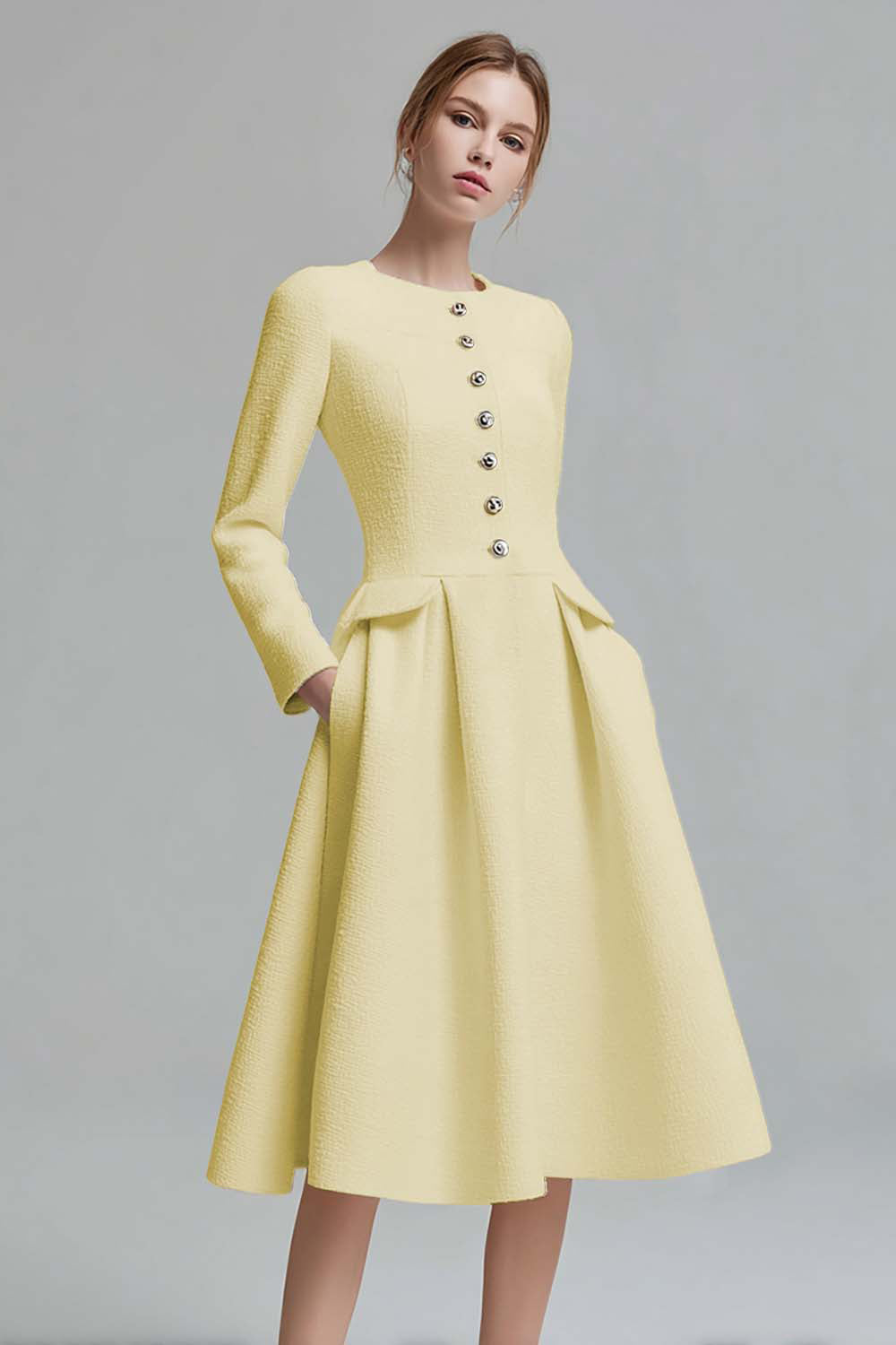 Ivory A-Line Midi Work Dress with Long Sleeves