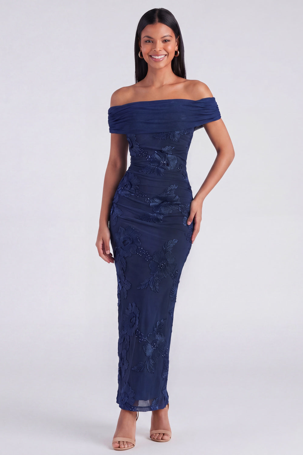 Blue Off the Shoulder Appliqued Bodycon Wedding Guest Dress
