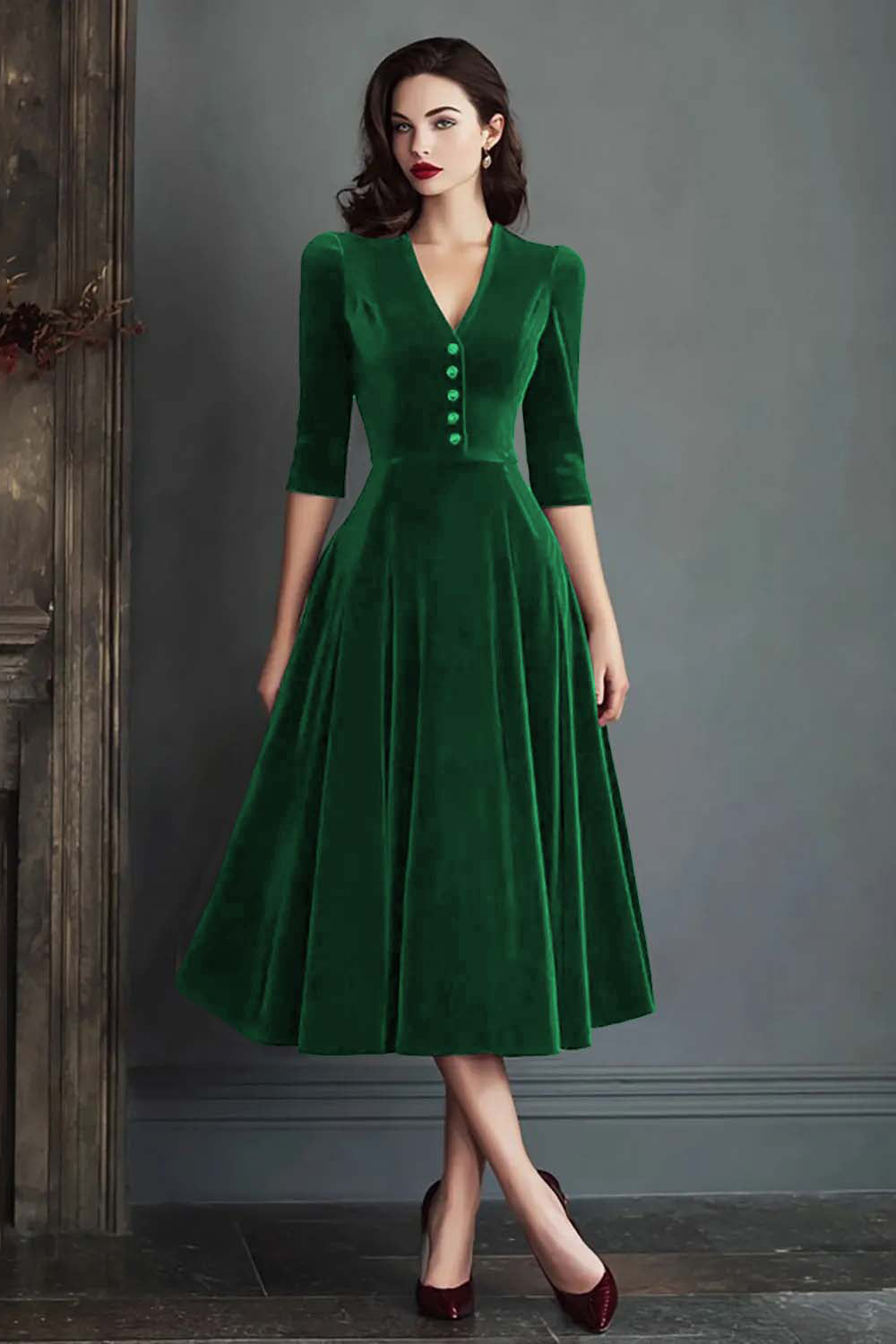 Burgundy A-Line V-Neck Midi Velvet Dress with Half Sleeves