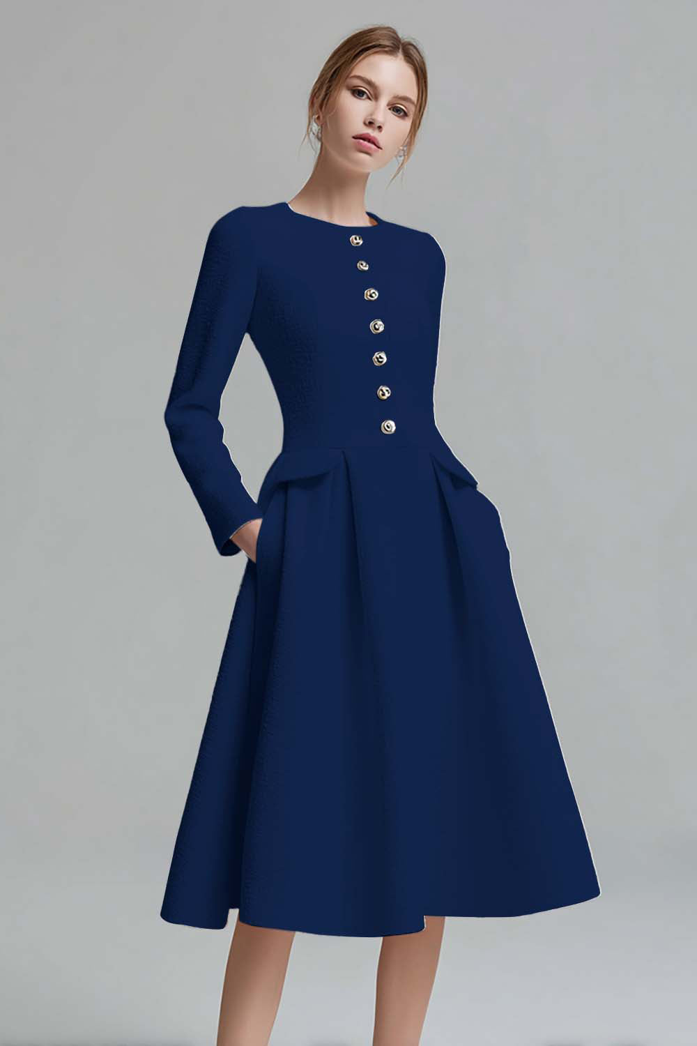 Ivory A-Line Midi Work Dress with Long Sleeves