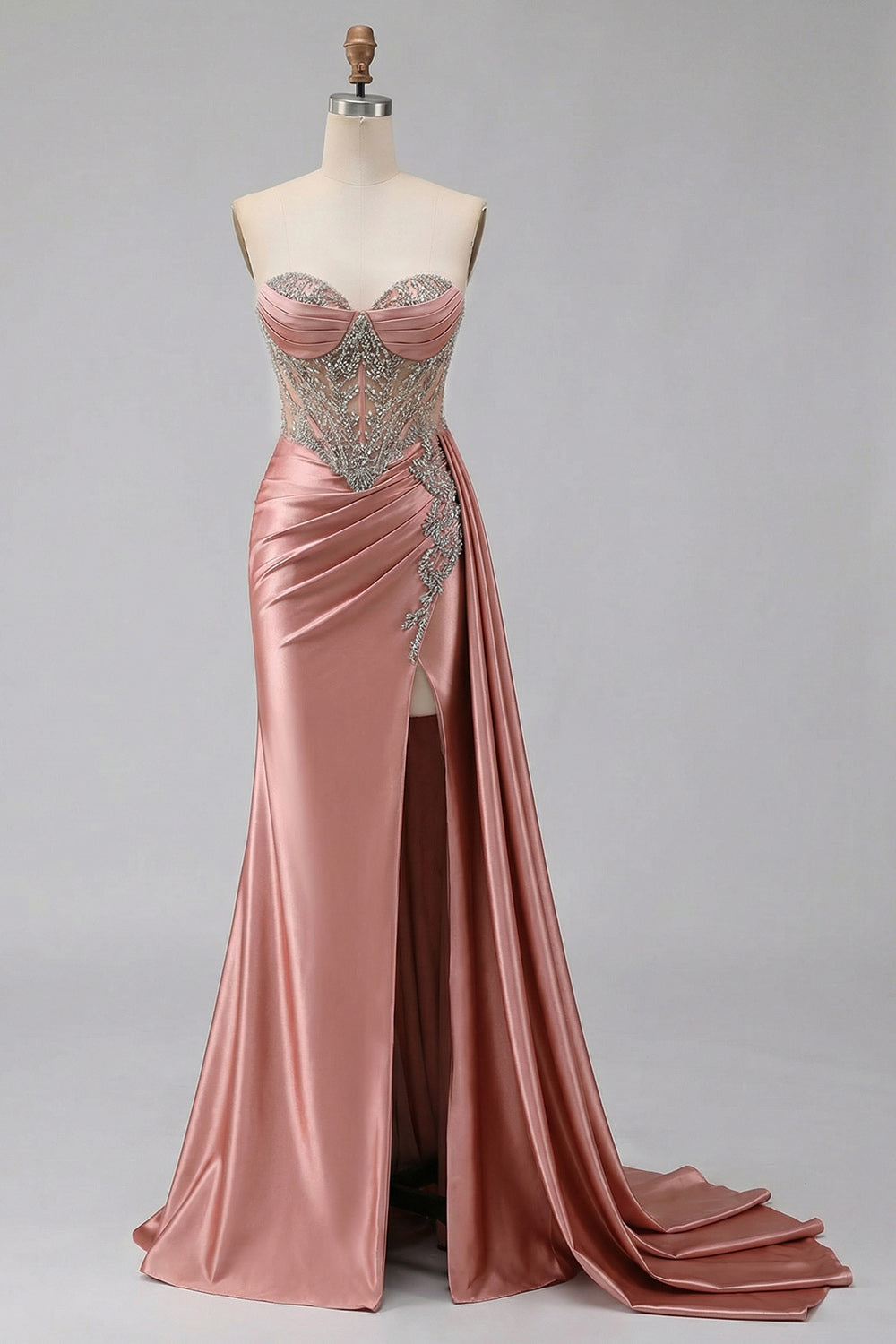 Sweetheart Mermaid Mint Green Beaded Satin Prom Dress With Slit