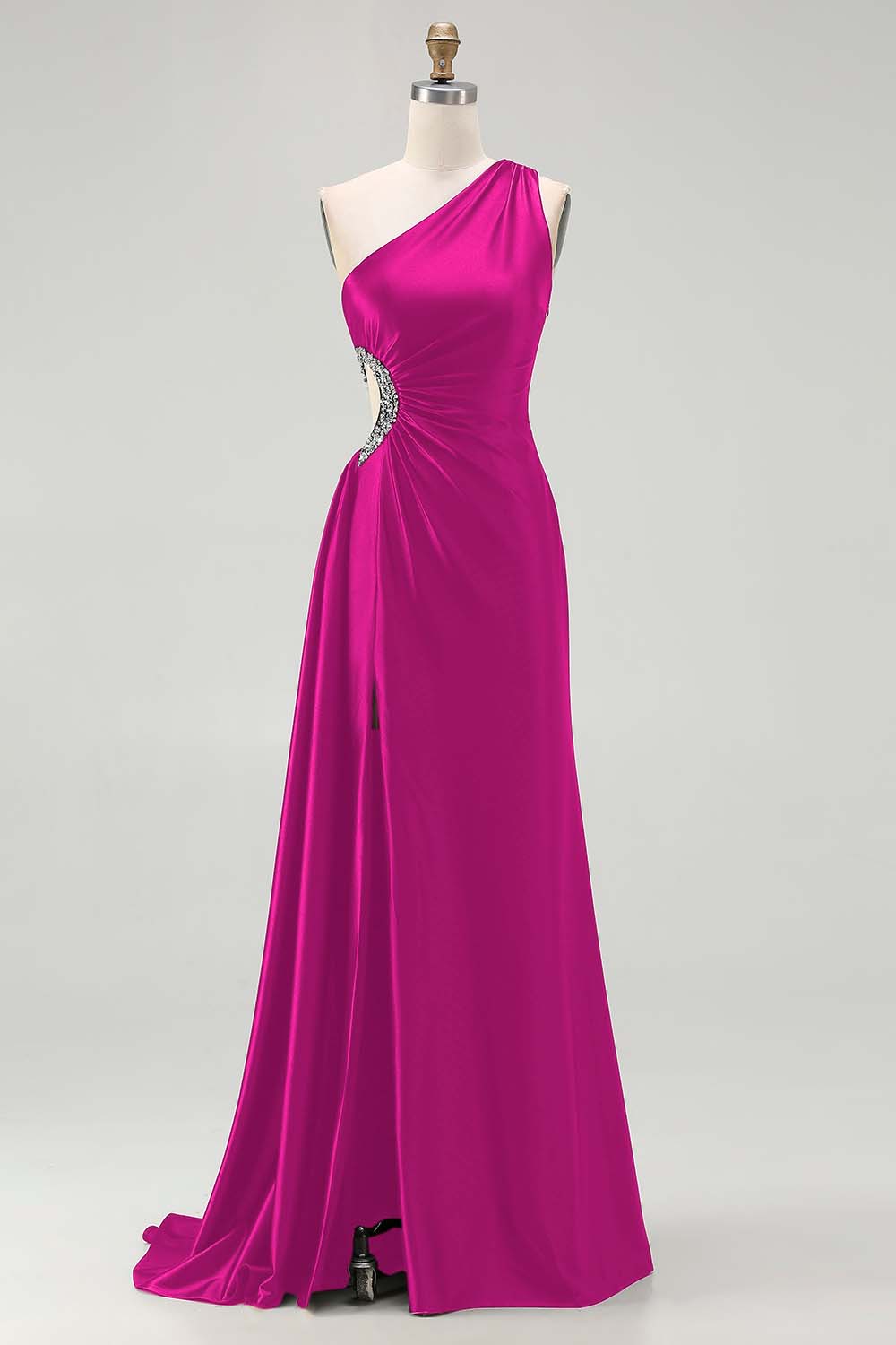 One Shoulder Cut Out Satin Black Tie Dress With Slit