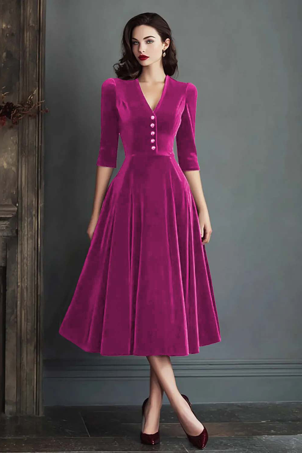 Burgundy A-Line V-Neck Midi Velvet Dress with Half Sleeves