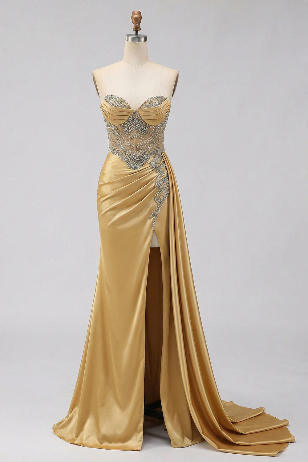 Sweetheart Mermaid Mint Green Beaded Satin Prom Dress With Slit