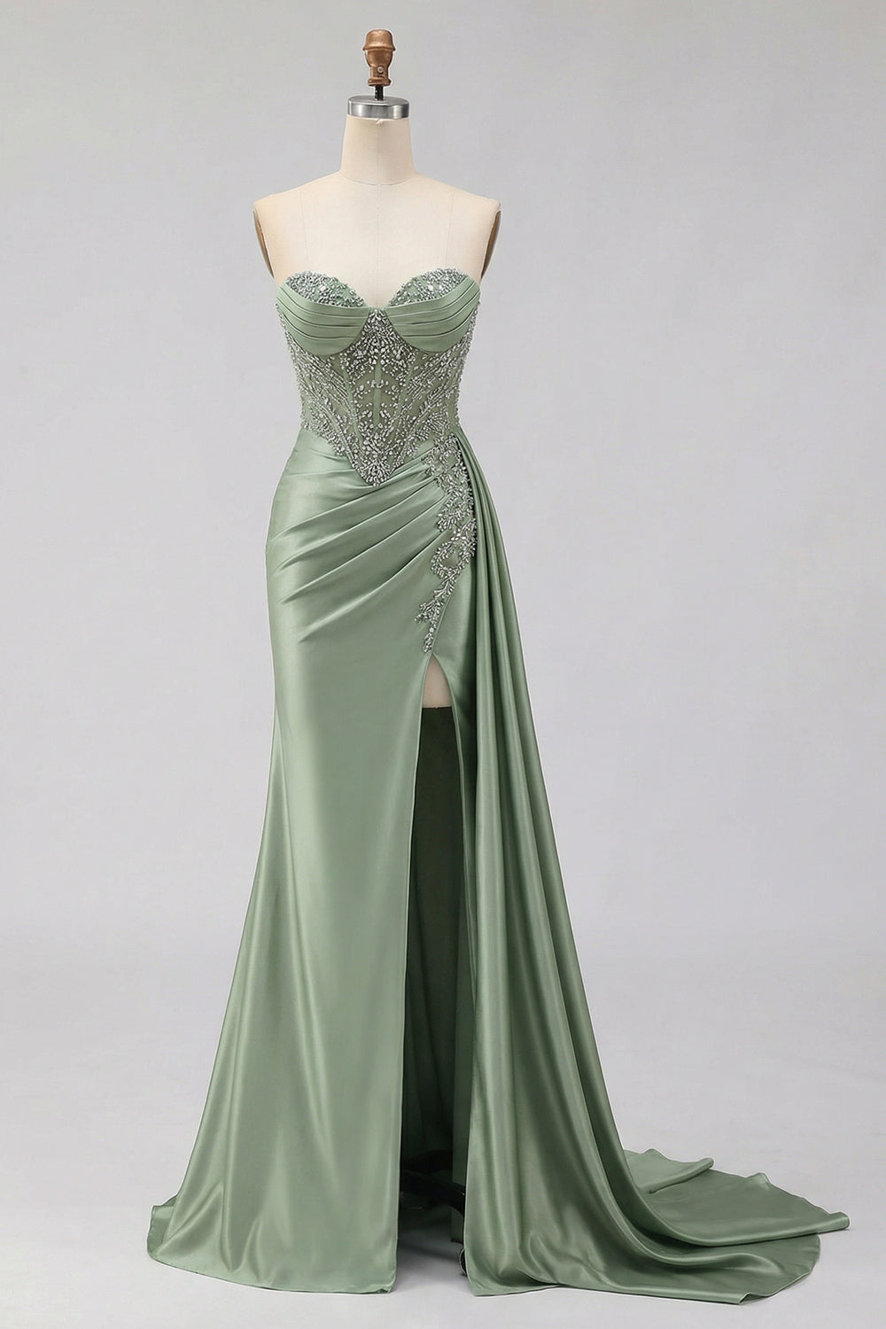 Sweetheart Mermaid Mint Green Beaded Satin Prom Dress With Slit