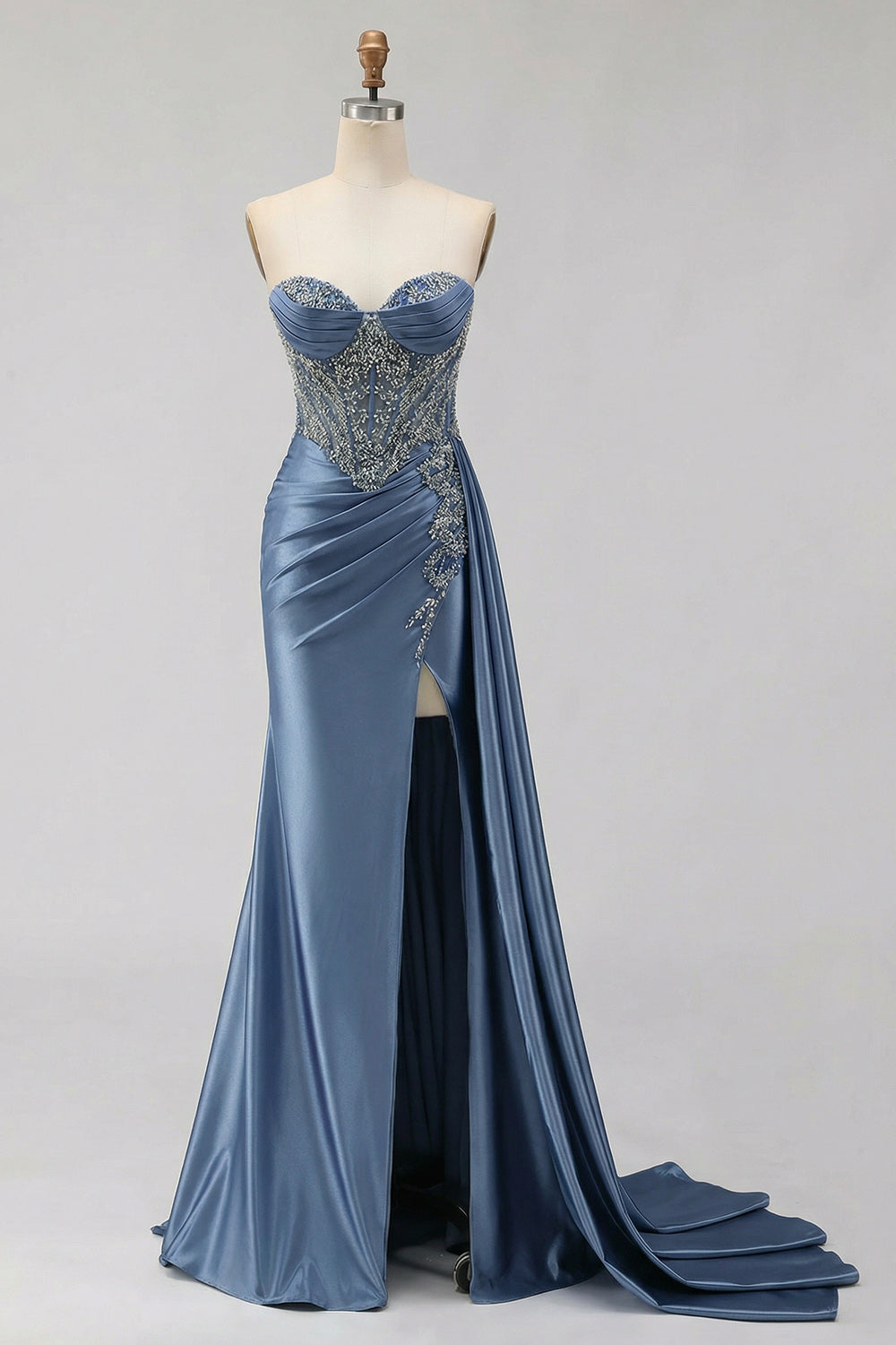 Sweetheart Mermaid Mint Green Beaded Satin Prom Dress With Slit
