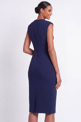 Navy V Neck Bodycon Work Dress with Slit
