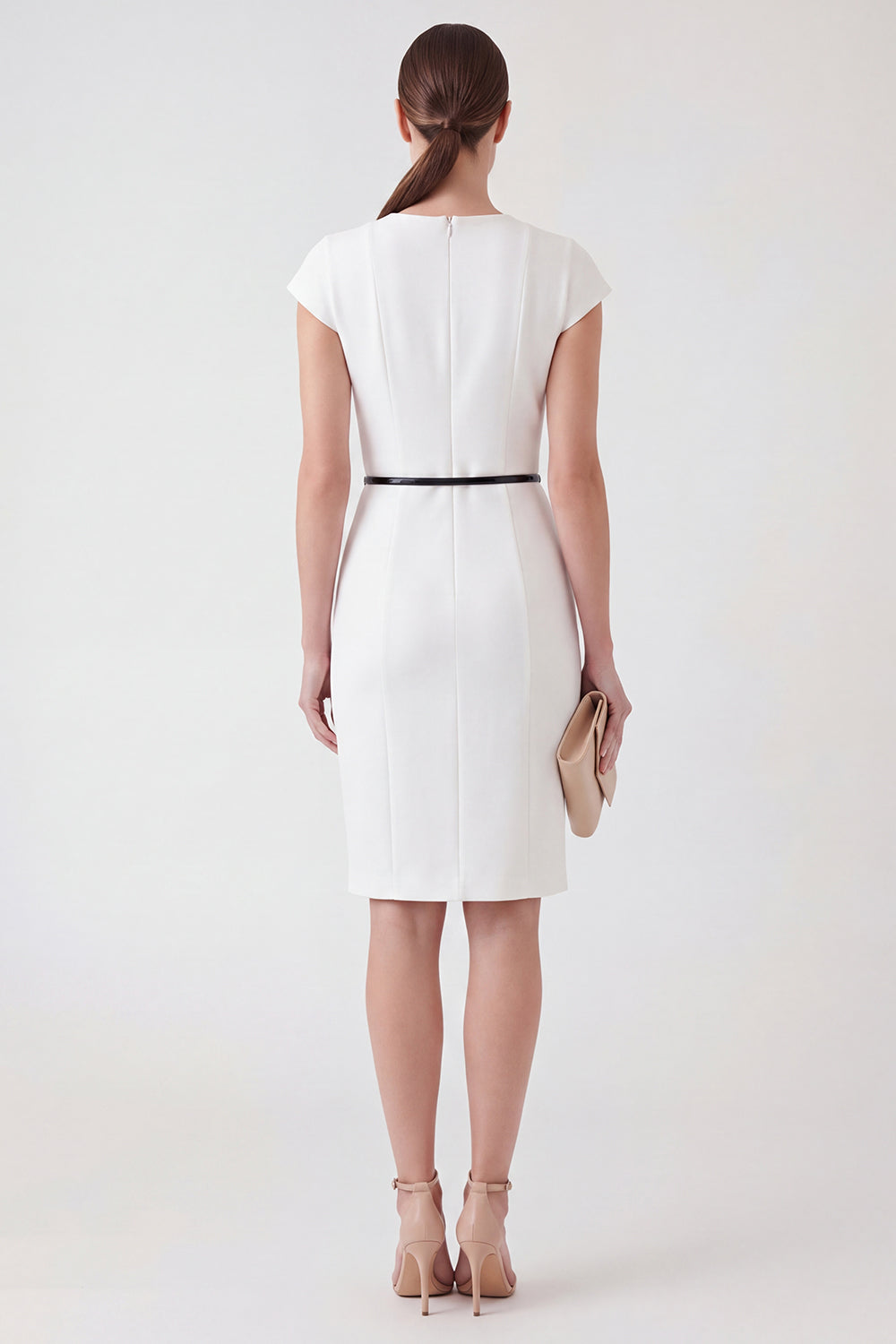 White Round Neck Bodycon Work Dress with Belt