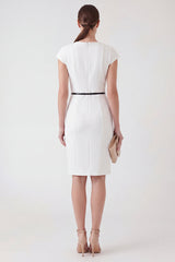 White Round Neck Bodycon Work Dress with Belt