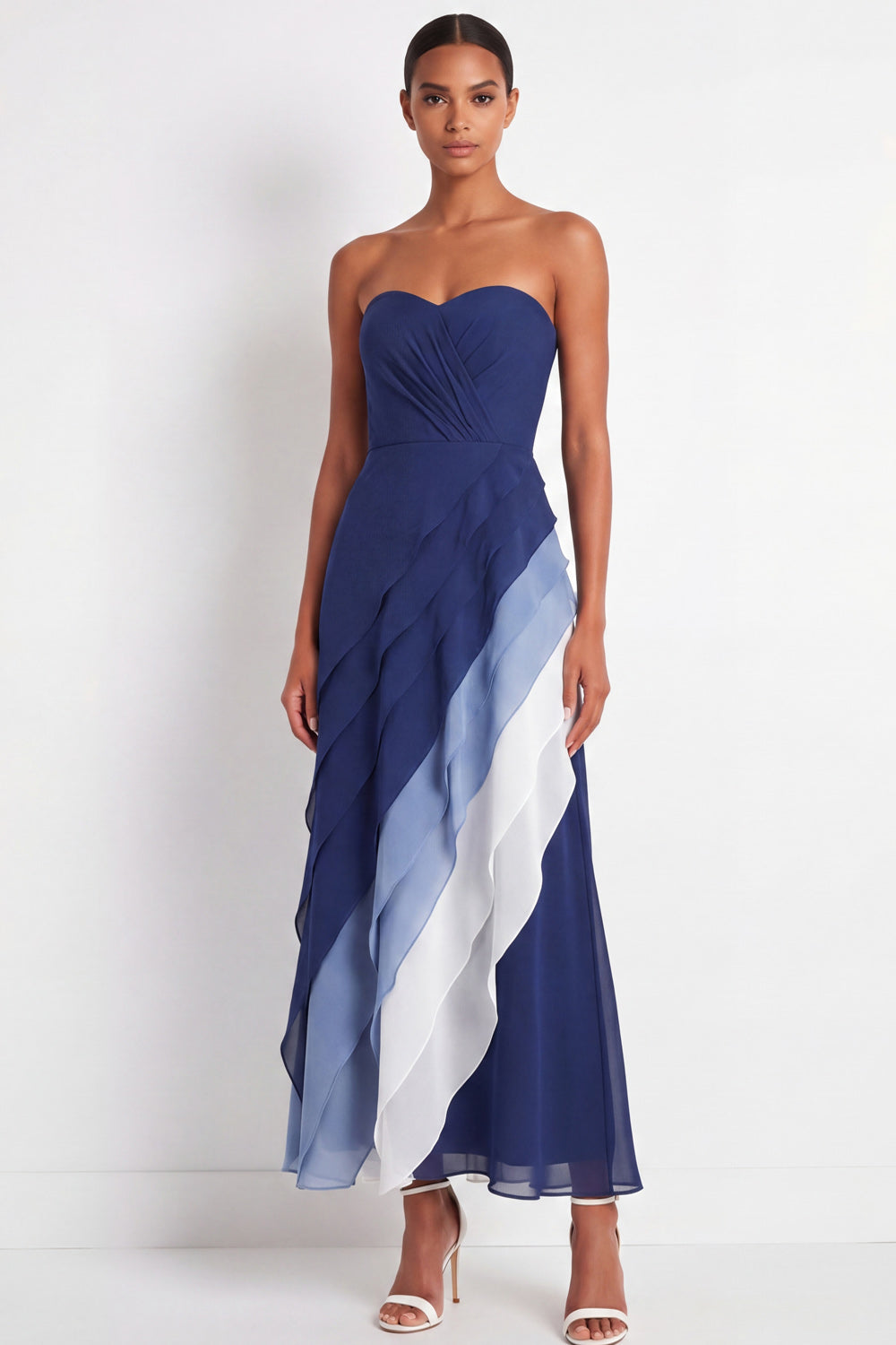 Blue Strapless A Line Ruched Ruffled Maxi Formal Dress