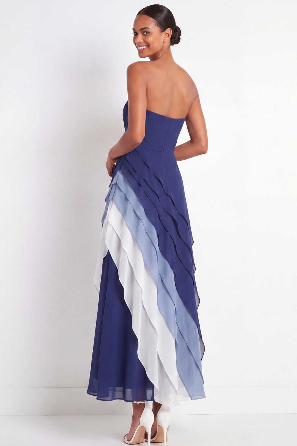 Blue Strapless A Line Ruched Ruffled Maxi Formal Dress