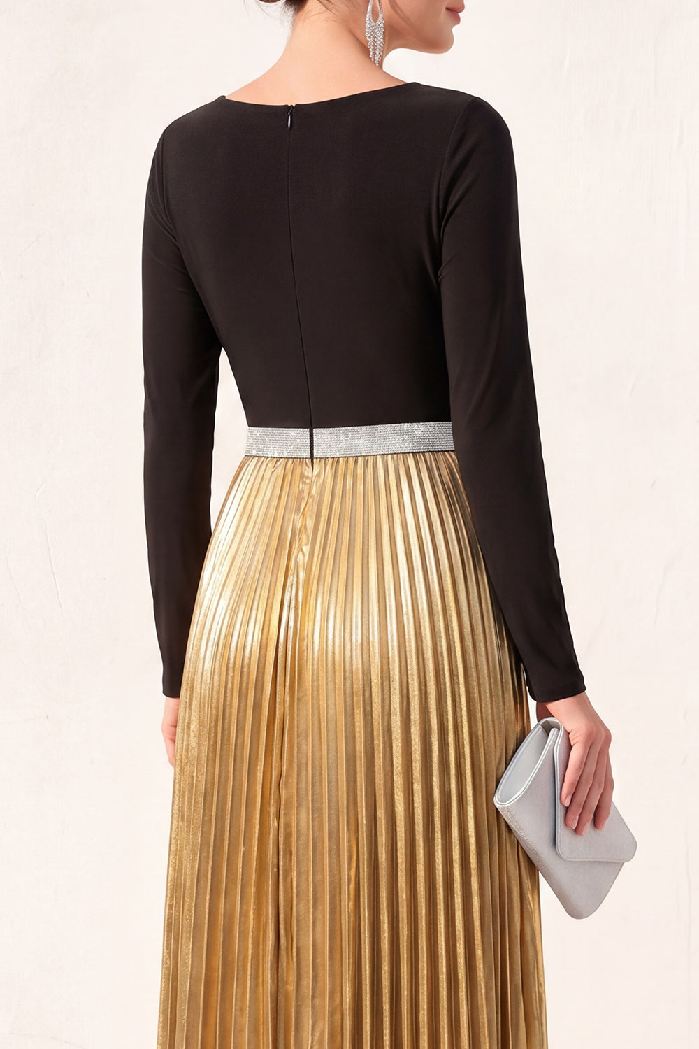 Metallic Long Sleeve A Line Black Golden Maxi Formal Dress