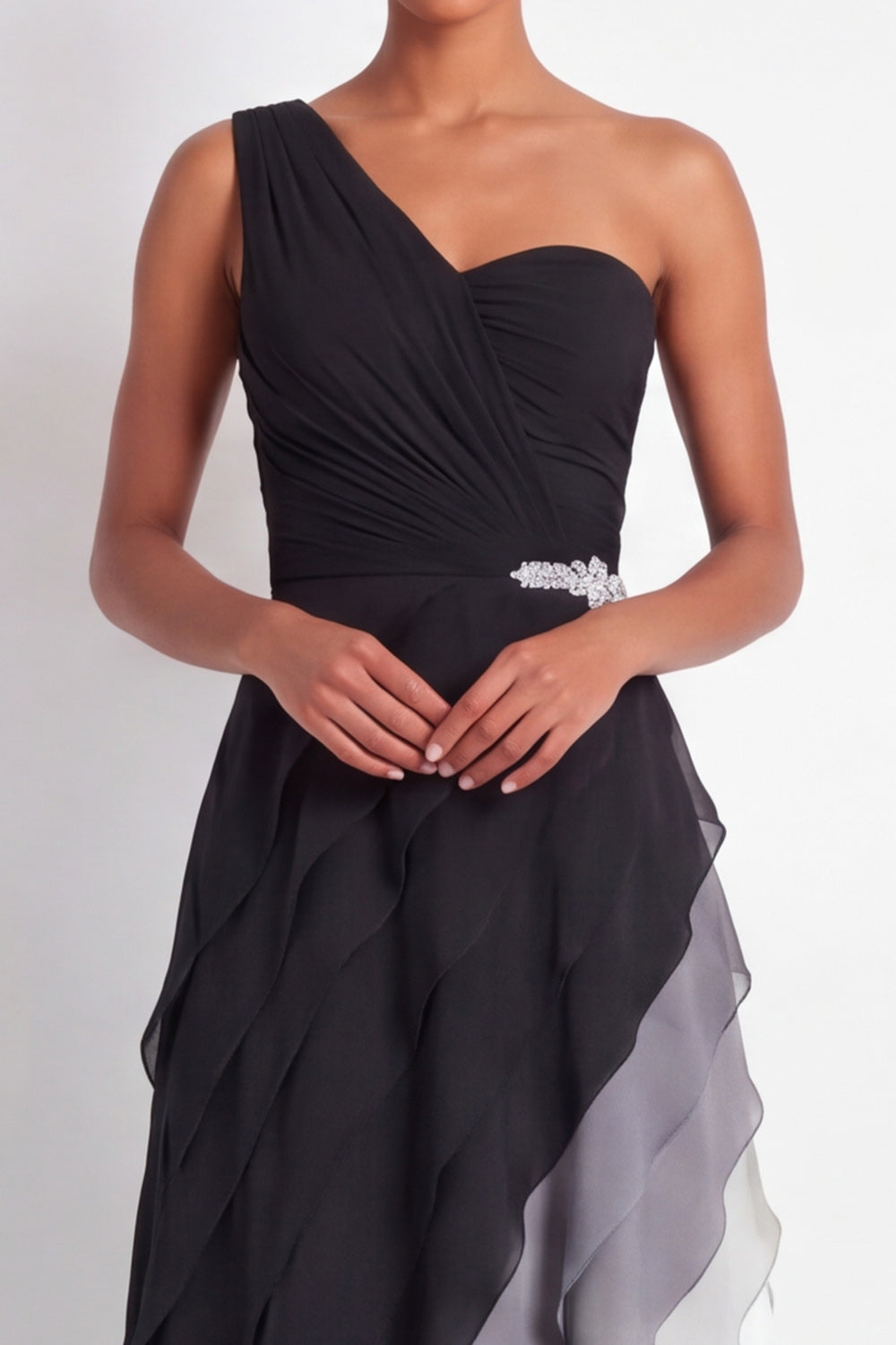One Shoulder Ruched A Line Ruffled Black and White Maxi Formal Dress
