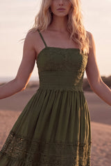 Green A Line Pleated Lace Maxi Casual Dress