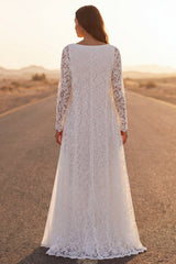 White A Line Long Sleeve Lace Maxi Wedding Dress with Cape