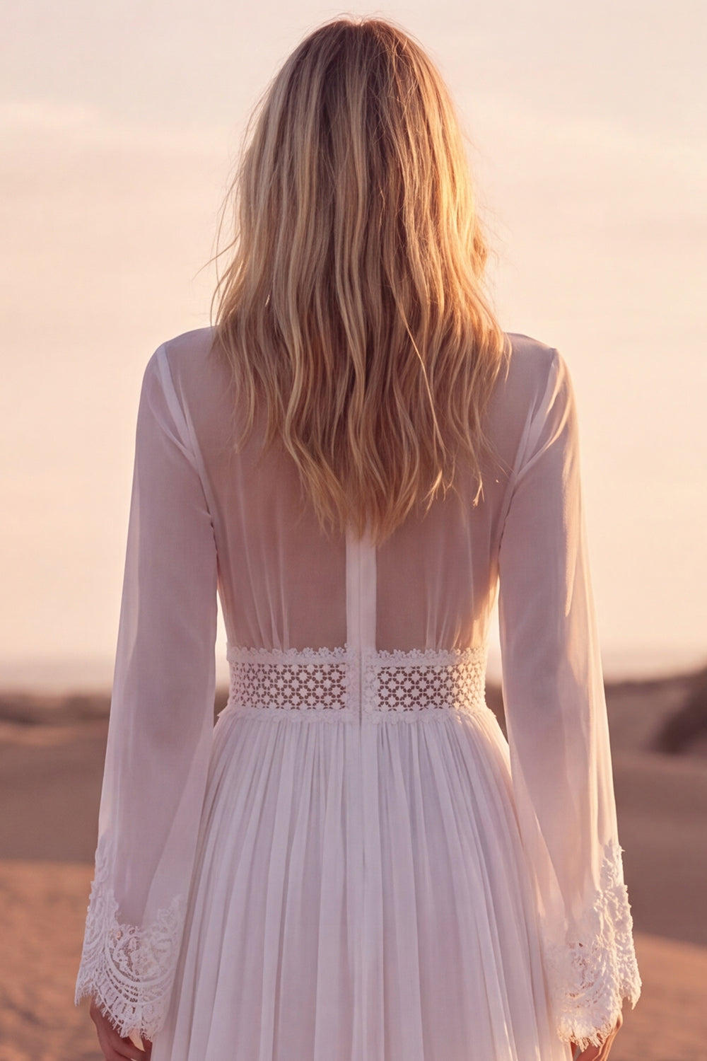 White V Neck Long Sleeve Lace A Line Pleated Wedding Dress