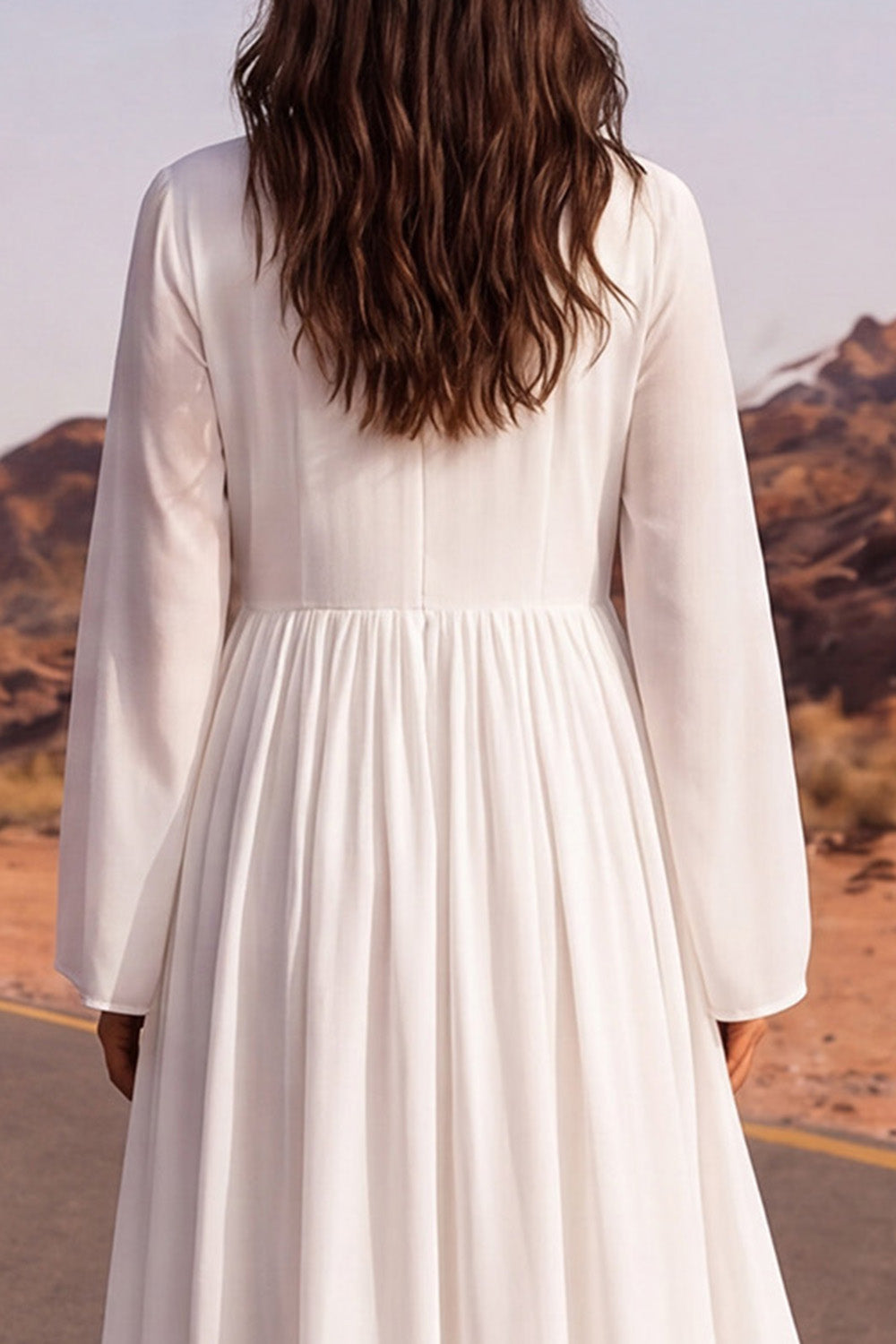 White Long Sleeve A Line Pleated Maxi Wedding Dress