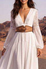 White Long Sleeve A Line Pleated Lace Wedding Dress with Belt