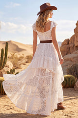 High Low White A Line Lace Ruffled Boho Wedding Dress