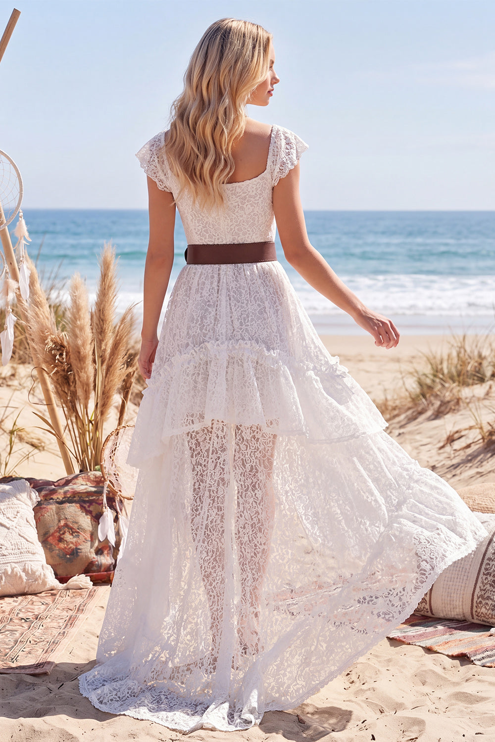 High Low White A Line Lace Ruffled Boho Wedding Dress