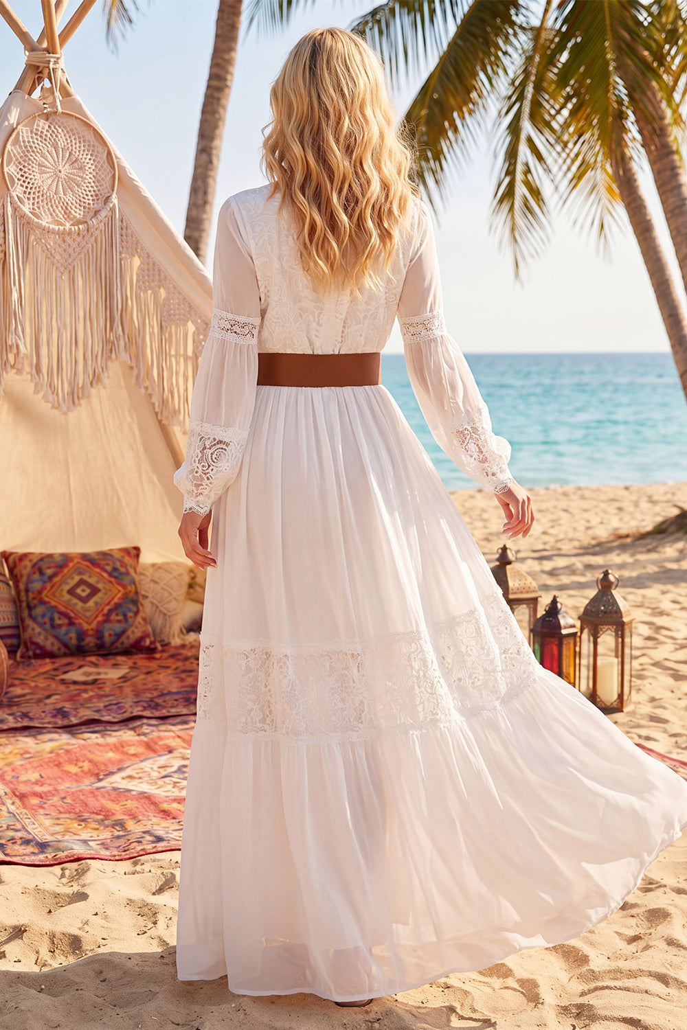 Long Sleeve White A Line Lace V Neck Wedding Dress with Belt