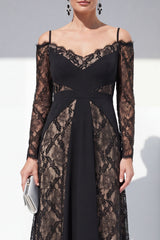 Cold Shoulder Black Lace A Line Maxi Mother of the Bride Dress