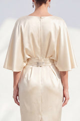 Champagne Satin Bodycon Ruched Midi Mother of the Bride Dress