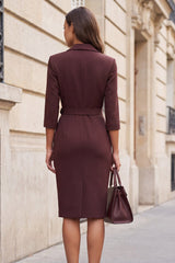Notched Lapel Brown Bodycon Midi Work Dress with Belt