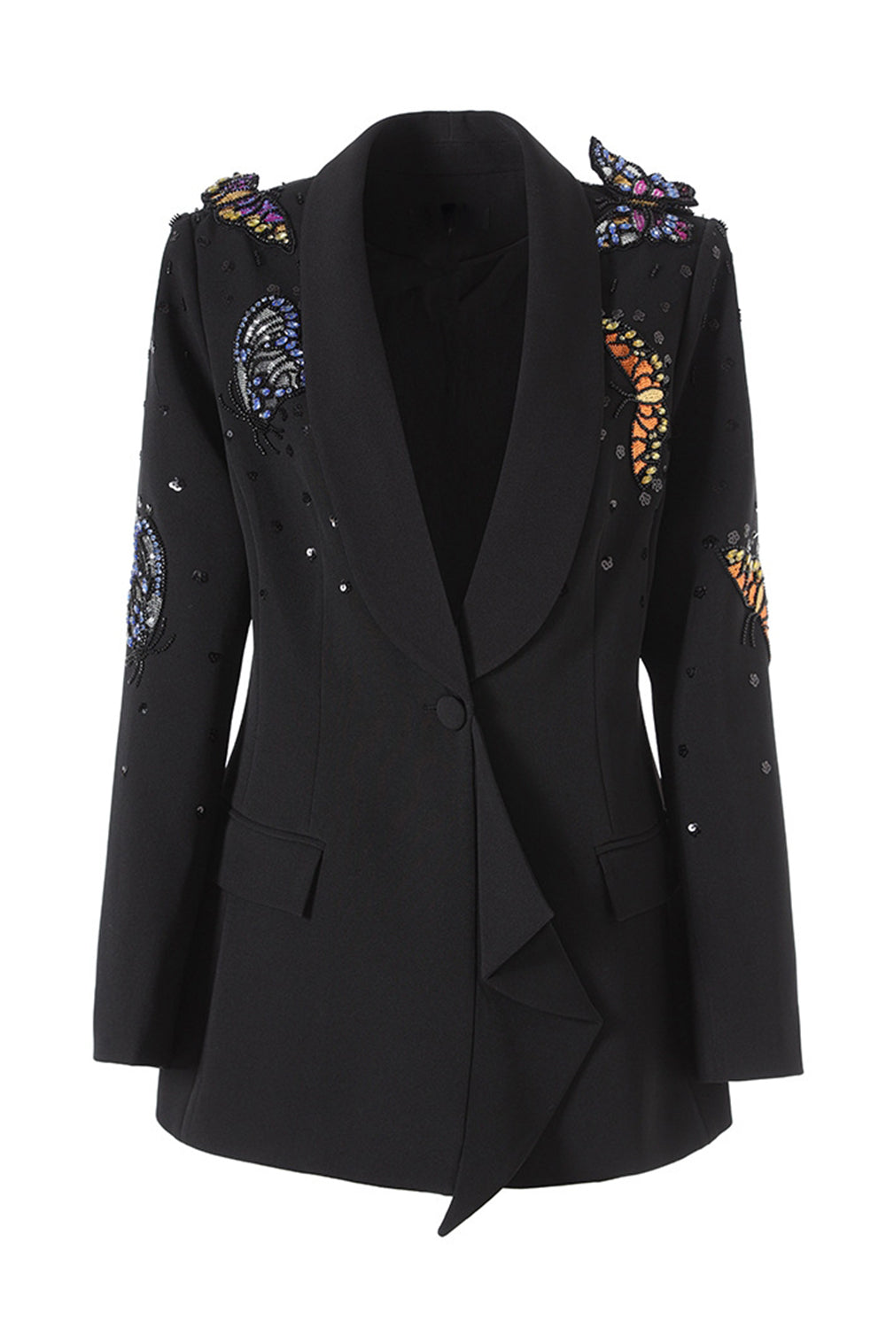 Black Shawl Lapel Beaded Sequin Prom Blazer With 3D Butterfly