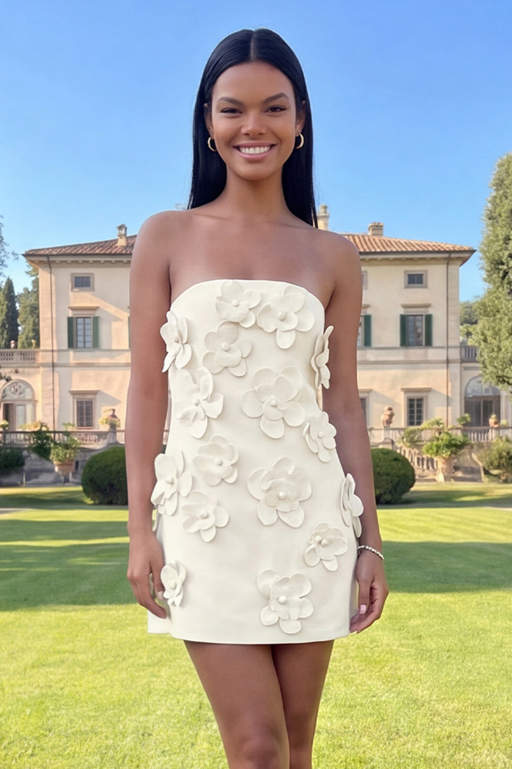 Strapless Blue Floral Homecoming Dress