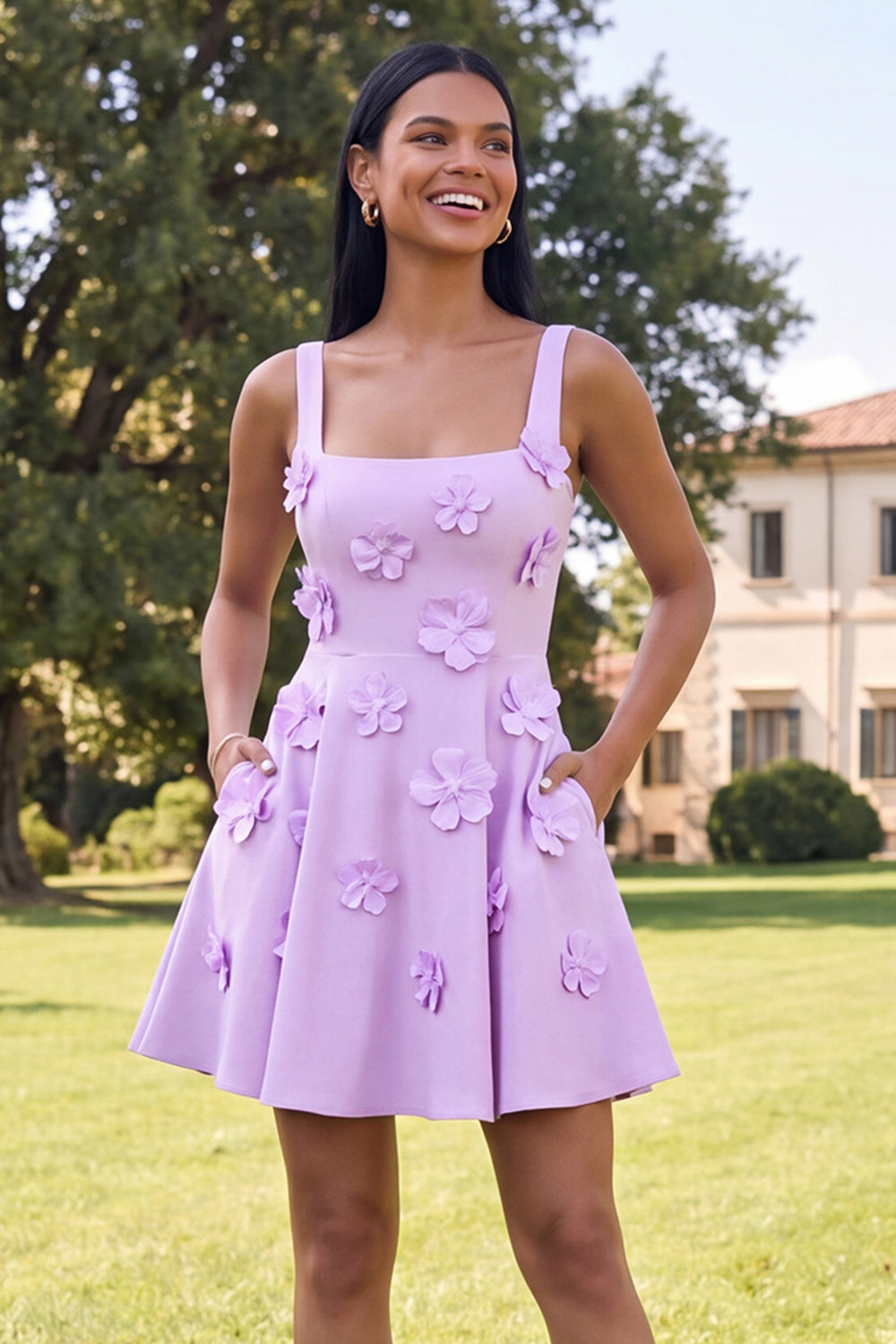 Square Neck Black Floral A Line Homecoming Dress