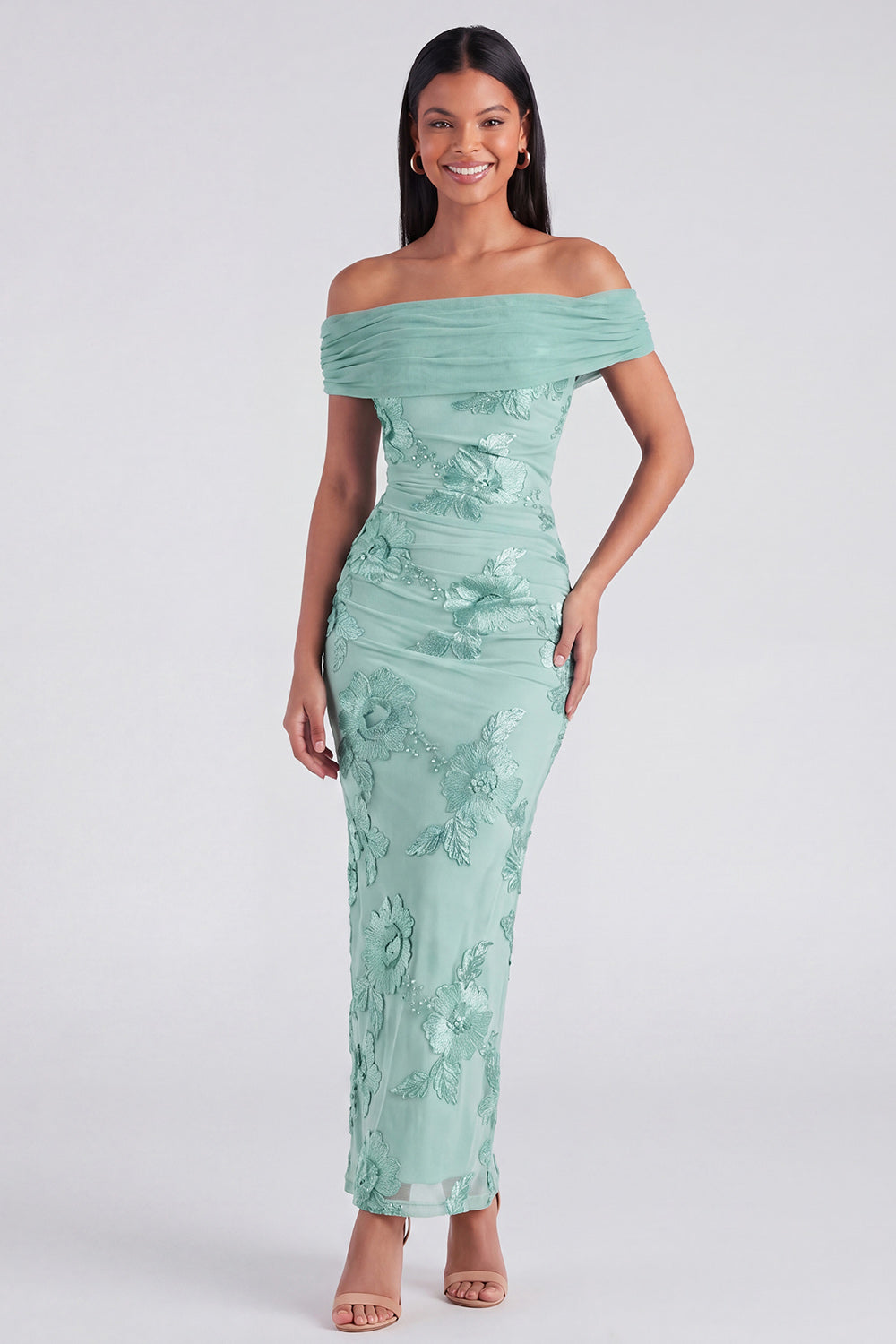 Blue Off the Shoulder Appliqued Bodycon Wedding Guest Dress