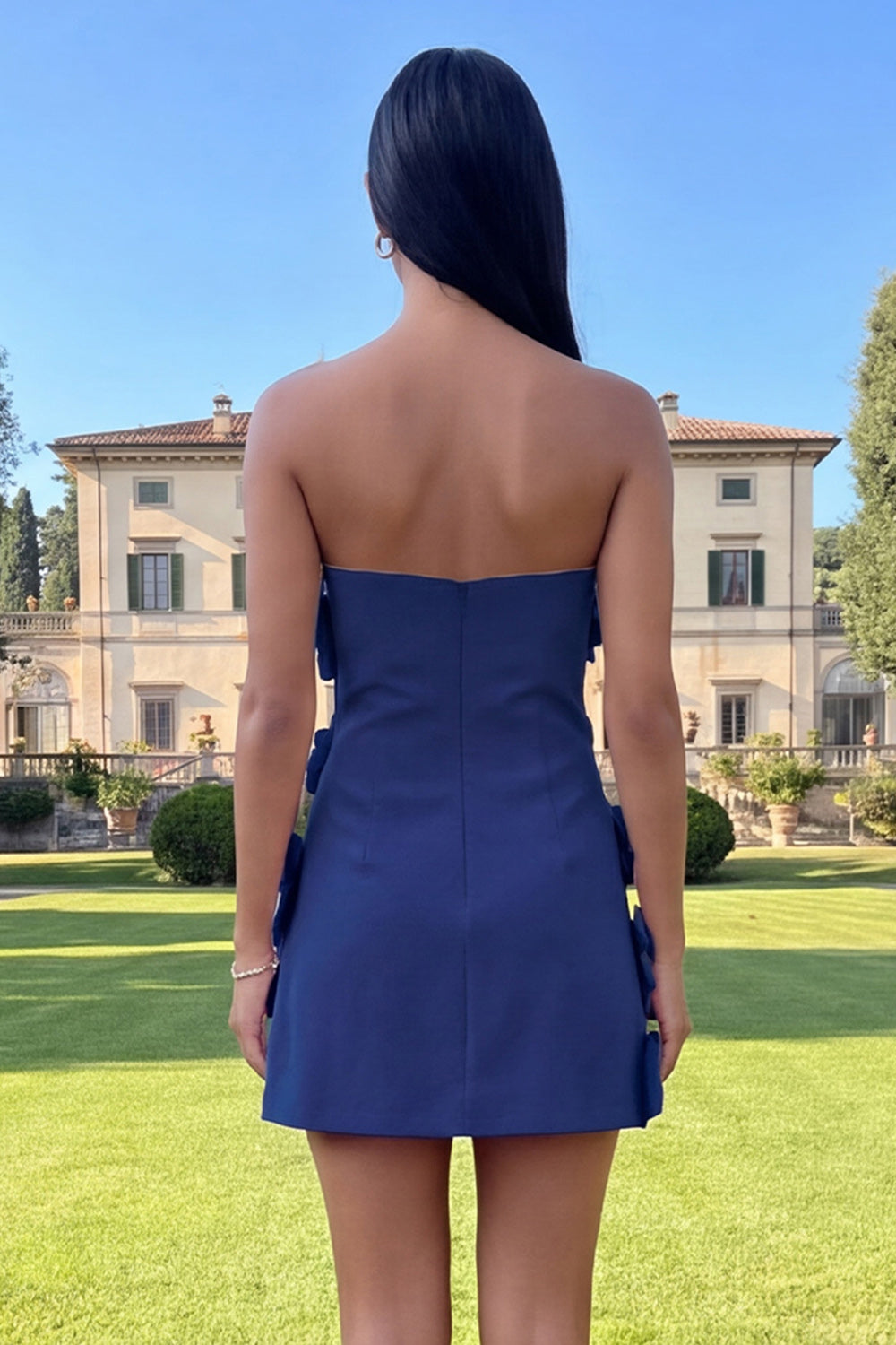 Strapless Blue Floral Homecoming Dress
