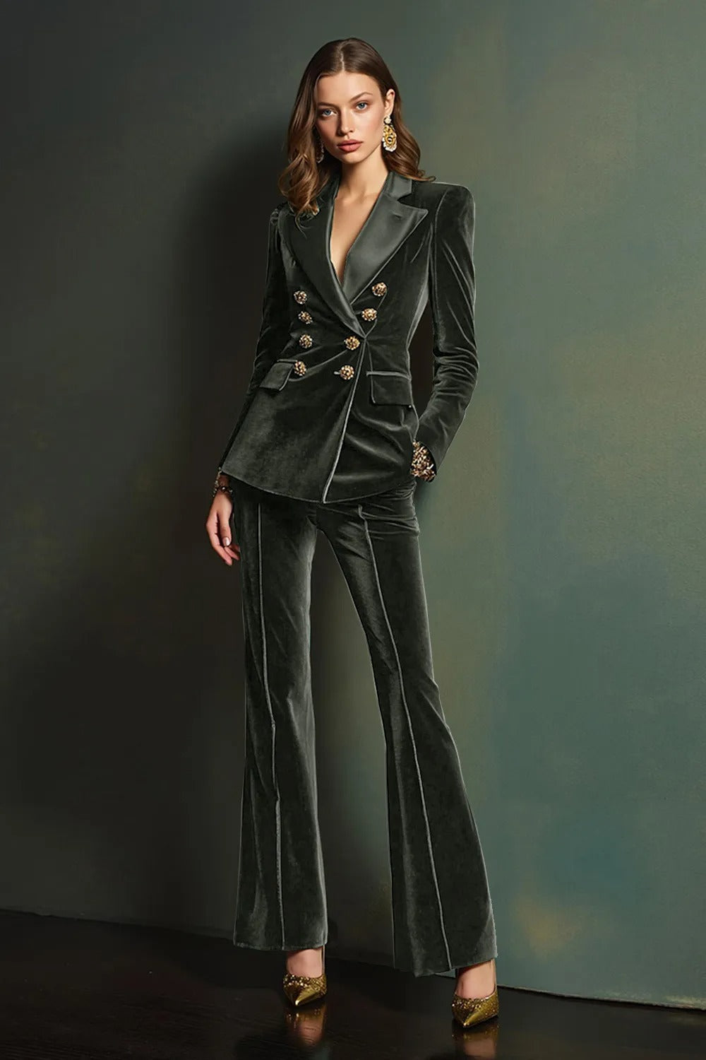 Dark Green 2-Piece Velvet Double Breasted Women Prom Suits