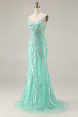 Sparkly Mint Green Mermaid Maxi Prom Dress with Appliques