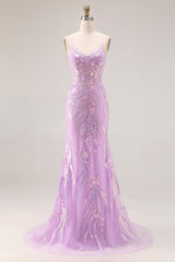 Sparkly Purple Mermaid Appliqued Maxi Prom Dress