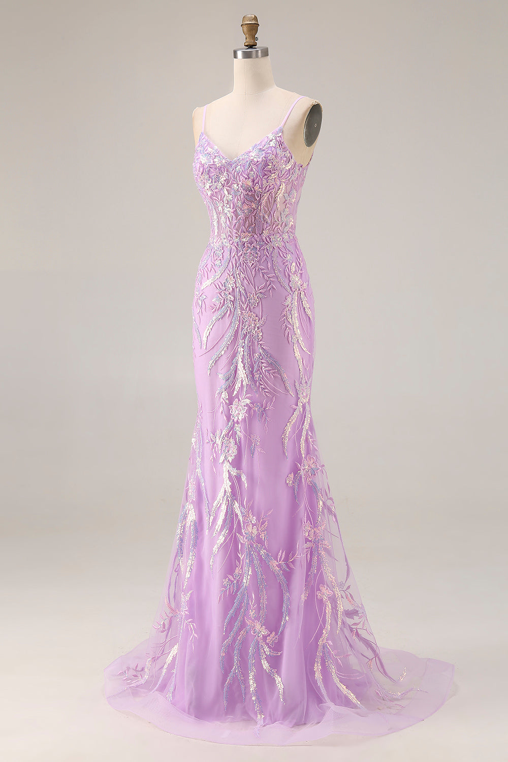 Sparkly Purple Mermaid Appliqued Maxi Prom Dress